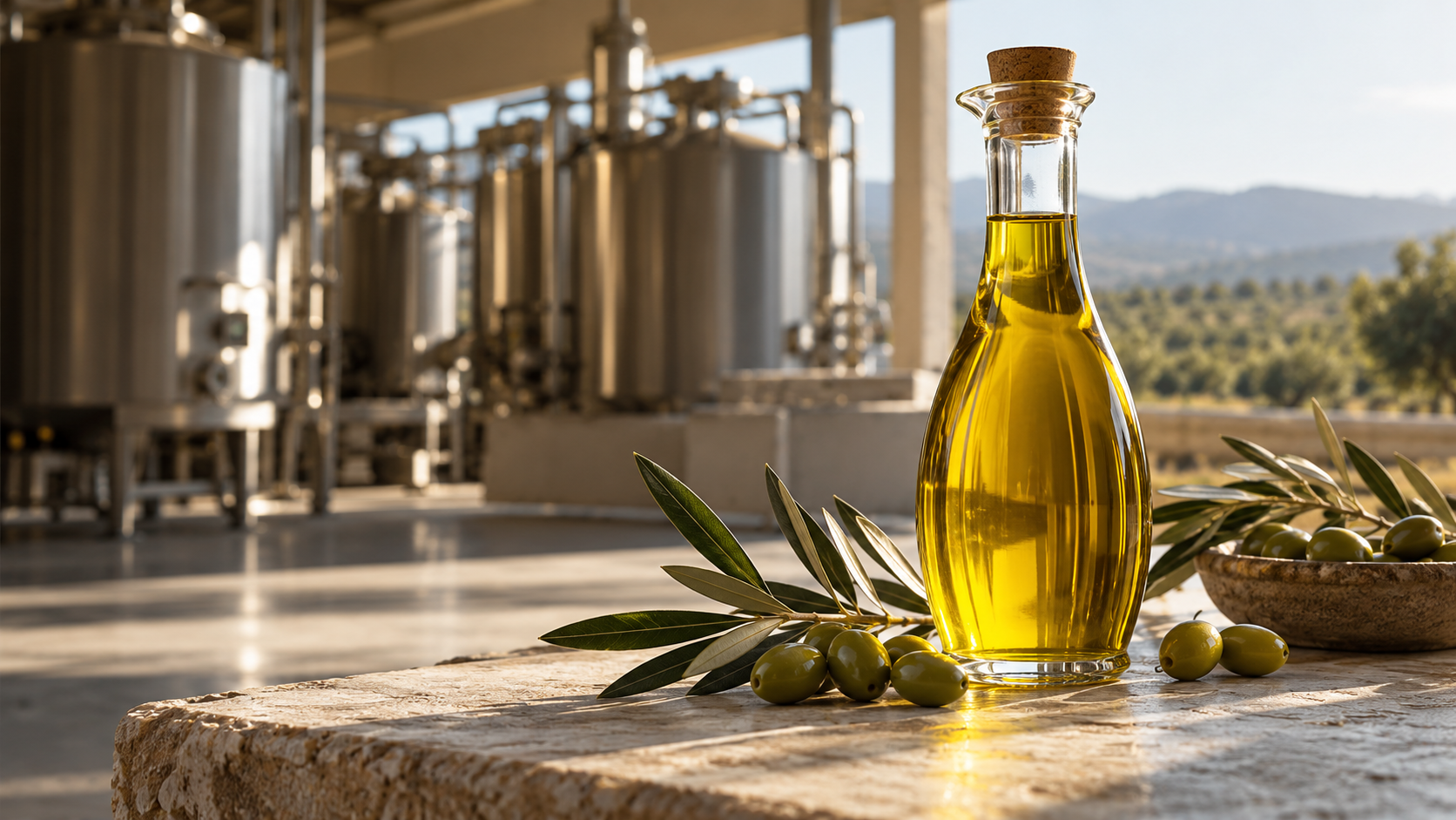 Golden oil and olive ingredients with process equipment behind